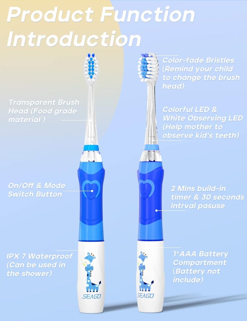 Seago Kids Electric Toothbrush with 2 Mins Brushing Timer and 4 Replacement Bursh Heads, Rainbow LED Light Make Brushing Fun, Green Color Boys Battery Powerd Toothbrush for 4-12 Years Old，SG-977 - Image 5