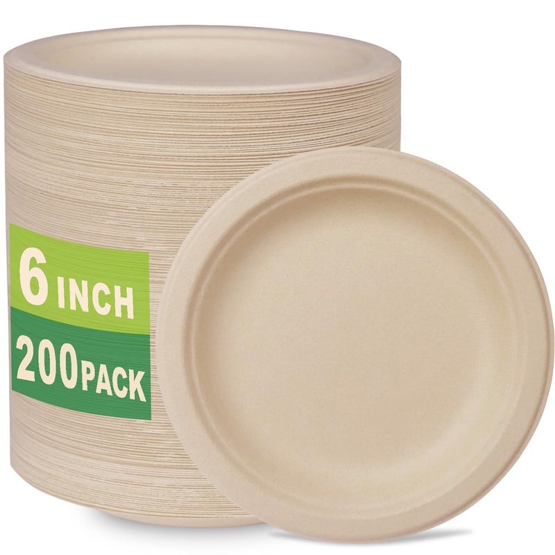 GreenWorks 200 Count 6 Small Compostable Dessert Plates Heavyduty Unbleached Biodegradable Bagasse and Bamboo fiber Paper Plates