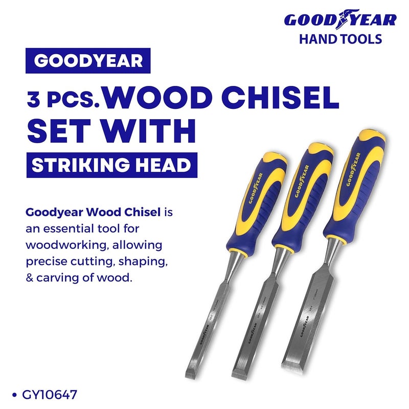 Good Year , Wood Chisel, Wood Chisel Set; Wood Chisel Tools, 3 Pc Wood Chisel Set, Wood Chisel Kit, Wood Chisel Sets, Carpenter Chisel Set With Striking Head And Very Comfortable Grip - Image 2