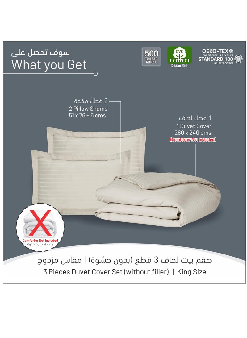 Donetella 3-Piece Hotel Style Duvet Cover Cotton Rich 500 Thread Count Hotel Satin Striped King Size(Without Insert) Ivory  - Image 4