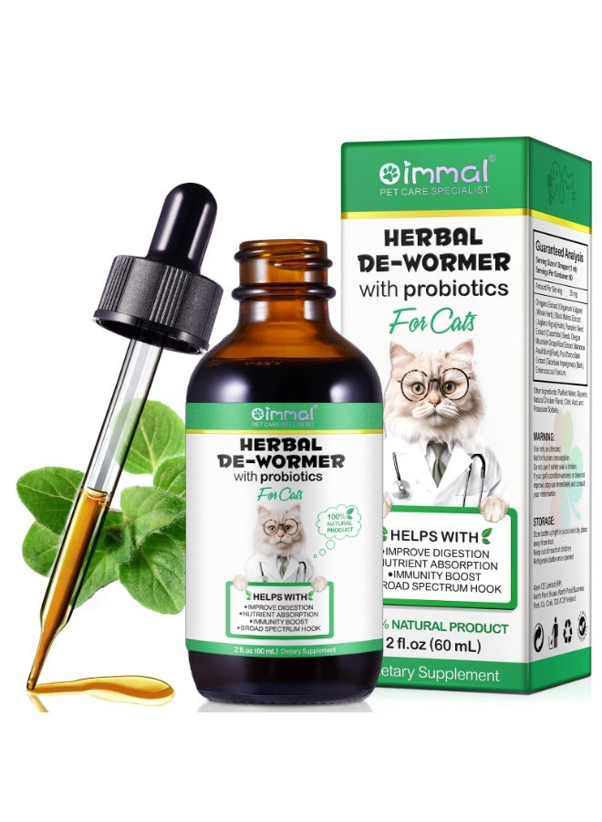 Oimmal Herbal De-Wormer with Probiotics for Cats 60ml, Helps With Improve Digestion, Nutrient Absorption, Immunity Boost, Broad Spectrum Hook 100% Natural Cat Deworming Drops Easy Feeding - Image 1