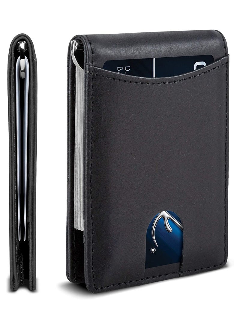 CONTACTS Genuine Leather Money Clip Wallet Slim Front Pocket RFID Blocking Card Holder Minimalist Mini Bifold for Men's with Smart Pull Strap  8 Card Slots 1 Photo ID Black  - Image 1