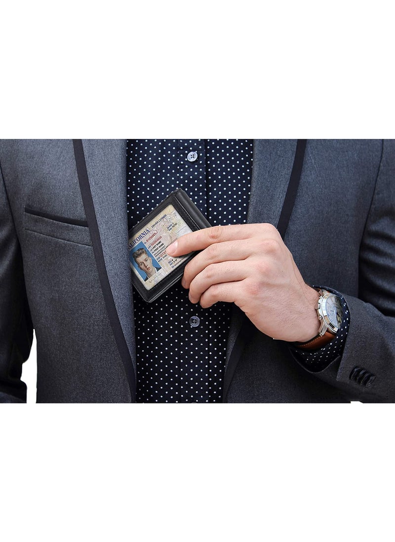 CONTACTS Genuine Leather Money Clip Wallet Slim Front Pocket RFID Blocking Card Holder Minimalist Mini Bifold for Men's with Smart Pull Strap  8 Card Slots 1 Photo ID Black  - Image 2