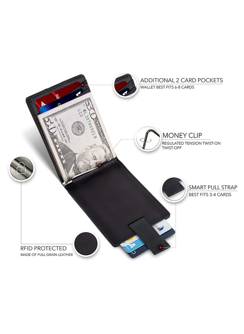 CONTACTS Genuine Leather Money Clip Wallet Slim Front Pocket RFID Blocking Card Holder Minimalist Mini Bifold for Men's with Smart Pull Strap  8 Card Slots 1 Photo ID Black  - Image 3