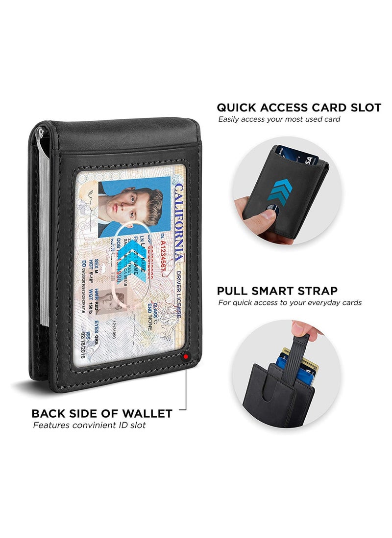 CONTACTS Genuine Leather Money Clip Wallet Slim Front Pocket RFID Blocking Card Holder Minimalist Mini Bifold for Men's with Smart Pull Strap  8 Card Slots 1 Photo ID Black  - Image 4