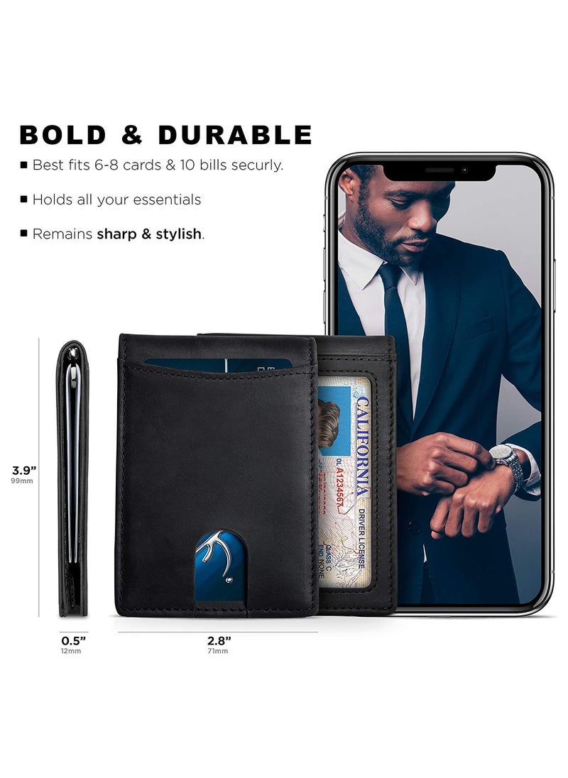 CONTACTS Genuine Leather Money Clip Wallet Slim Front Pocket RFID Blocking Card Holder Minimalist Mini Bifold for Men's with Smart Pull Strap  8 Card Slots 1 Photo ID Black  - Image 5