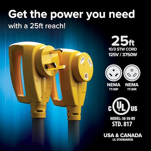Camco Power Grip 25-Ft 30 Amp Camper/RV Extension Cord - Rated for 125V /3,750W - Features Heavy Duty 10-Gauge Copper Wire for Superior Conductivity & Coated w/Heat-Resilient PVC (55191) - Image 4