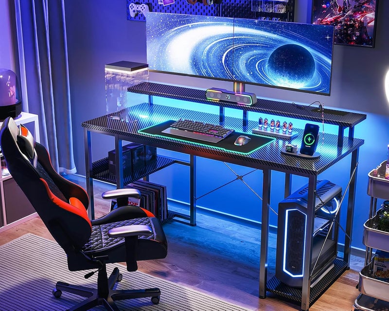 Coleshome Gaming Desk with Shelves and Monitor Stand, Black, 120x50cm - Image 2