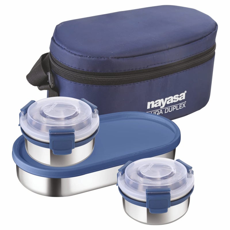 NAYASA Nayasa Aqua Duplex Lunch Box with 3 Containers (2 Round Containers & 1 Oval Container) Comes with Ziper Pouch, 3 Stainless Steel Containers with Airtight & Leak proof Lid- 300 ML, Ideal For School/ College/ Office, Full Meal & Easy To Carry, Blue  - Image 1