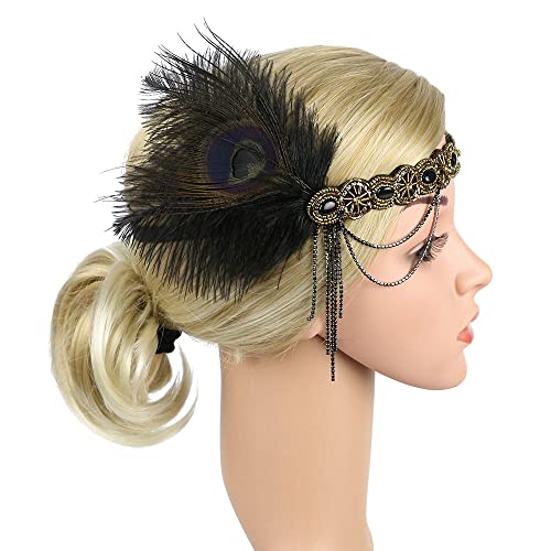 STIOEDYUAN 1920s Feather Headband Flapper Headpiece Crystal Beaded Gatsby Rhinestone Hair Chain Accessories For Women Tassel Headdress (Black+Gold) - Image 2