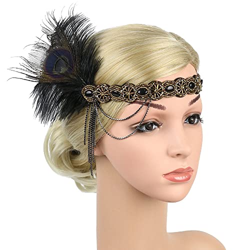STIOEDYUAN 1920s Feather Headband Flapper Headpiece Crystal Beaded Gatsby Rhinestone Hair Chain Accessories For Women Tassel Headdress (Black+Gold) - Image 3