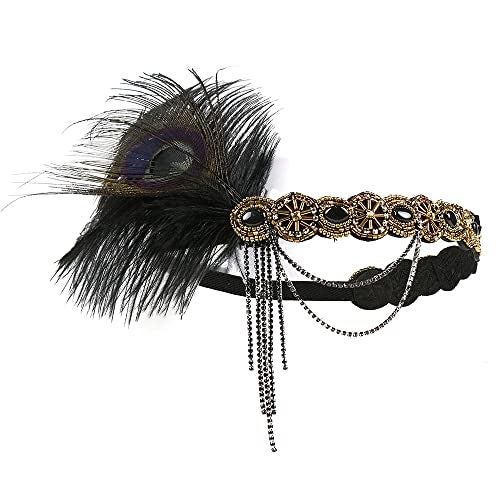 STIOEDYUAN 1920s Feather Headband Flapper Headpiece Crystal Beaded Gatsby Rhinestone Hair Chain Accessories For Women Tassel Headdress (Black+Gold) - Image 5