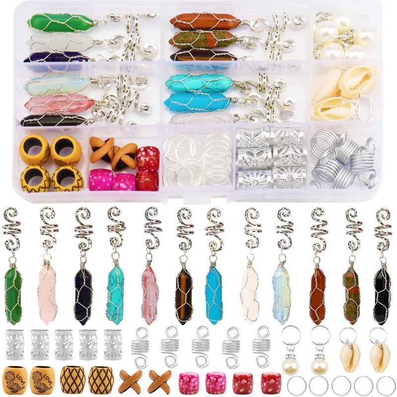 Messen 69 PCS Dreadlocks Jewelry Handemade Crystal Wire Wrapped Braids Hair Accessories Imitation Wood Beads Aluminum Hair Cuffs Coils Hair Rings Pearl Pendants for Hair Decoration (Silver) - Image 1