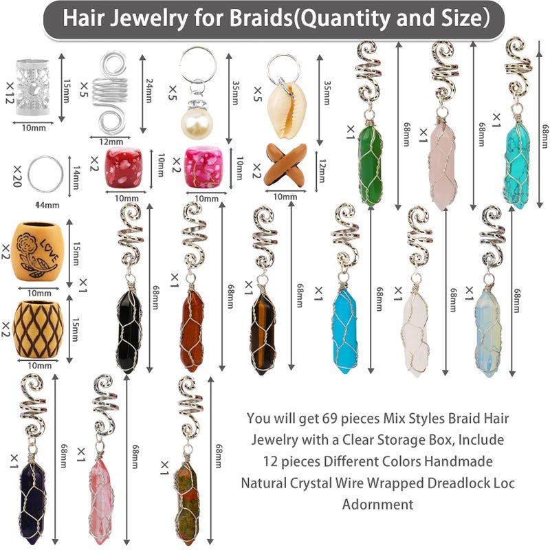 Messen 69 PCS Dreadlocks Jewelry Handemade Crystal Wire Wrapped Braids Hair Accessories Imitation Wood Beads Aluminum Hair Cuffs Coils Hair Rings Pearl Pendants for Hair Decoration (Silver) - Image 2