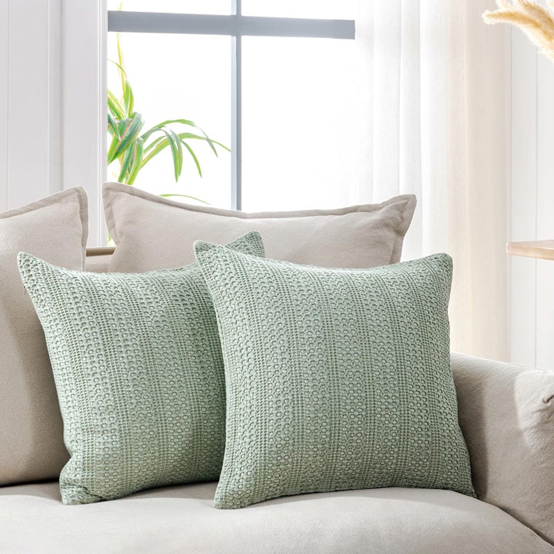COCOPLOCEUS Sage Green Pillow Covers 18x18 Boho Throw Pillow Covers Set of 2 Decorative Pillow Shams Stone Washed Cotton Pillowcase for Couch Sofa Chair Bed Car - Image 1