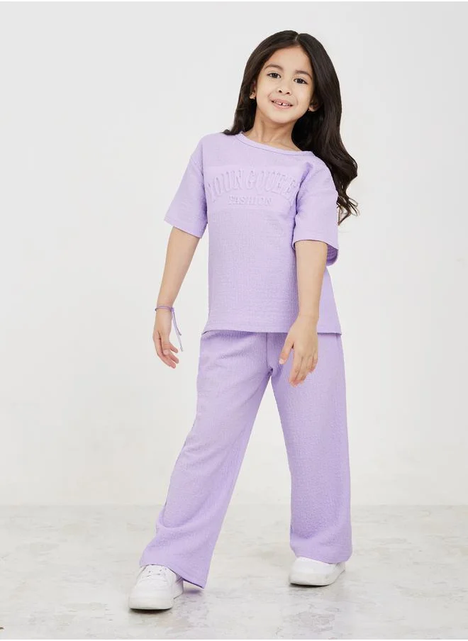 Styli Embossed Textured T-Shirt & Wide Leg Pants Set