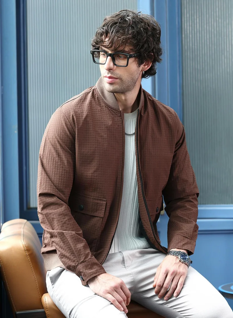 Men Zip-Front Waffle Bomber Jacket | Ribbed Baseball Collar, Long Button-Cuff Sleeves | Zipper , Ribbed-Straight Hem | Solid Textured | Woven Fabric For Casual & Daily Wear | Brown