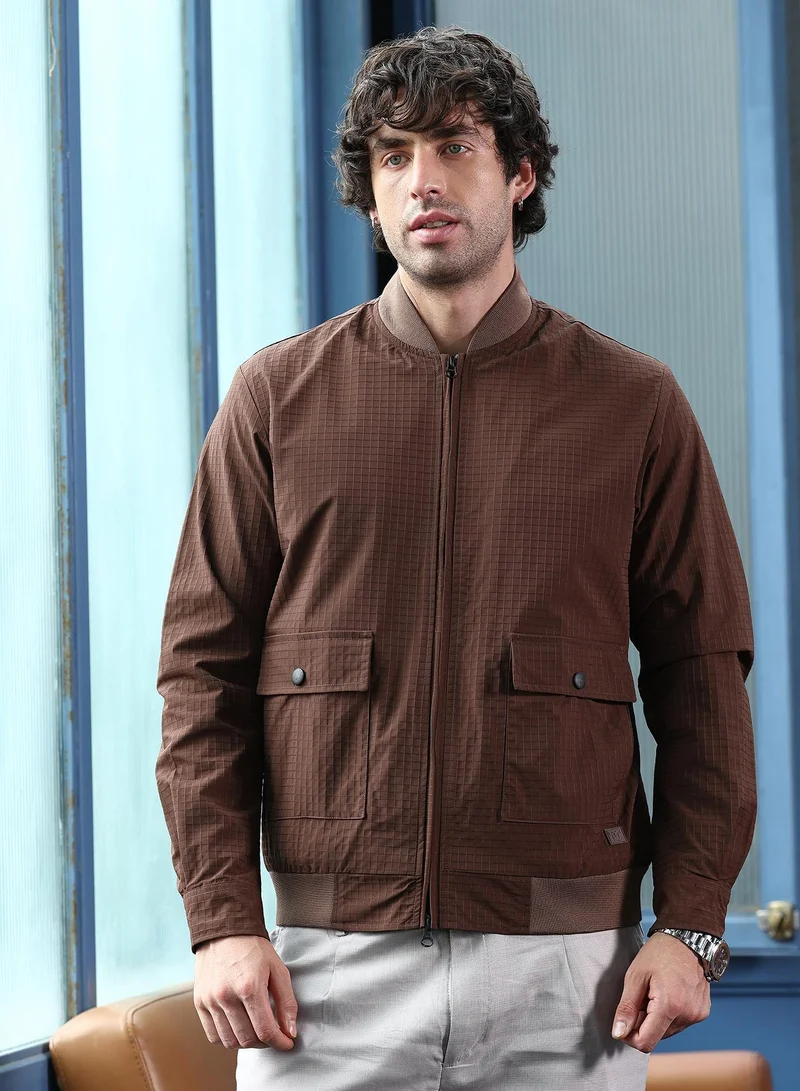 Campus Sutra Men Zip-Front Waffle Bomber Jacket | Ribbed Baseball Collar, Long Button-Cuff Sleeves | Zipper , Ribbed-Straight Hem | Solid Textured | Woven Fabric For Casual & Daily Wear | Brown
