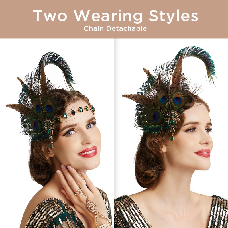 Coucoland Flapper Peacock Feather Headpiece - Great Gatsby 1920s Costumes for Women Roaring 20s Accessories Headband Mask - Image 5