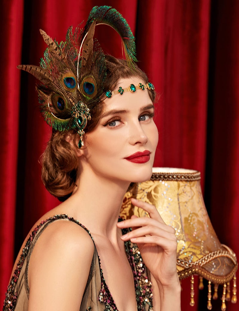 Coucoland Flapper Peacock Feather Headpiece - Great Gatsby 1920s Costumes for Women Roaring 20s Accessories Headband Mask - Image 2