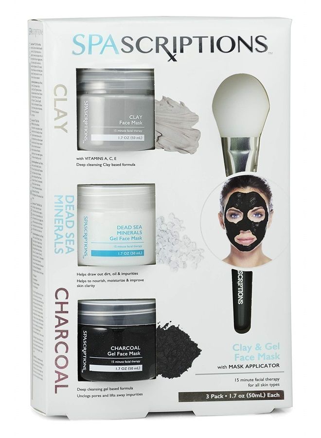 spascriptions Dead Sea, Charcoal, & Clay Gel Face Mask with Silicone Applicator - 3 Pack, 1.7 oz each Jar, 5.1 oz total