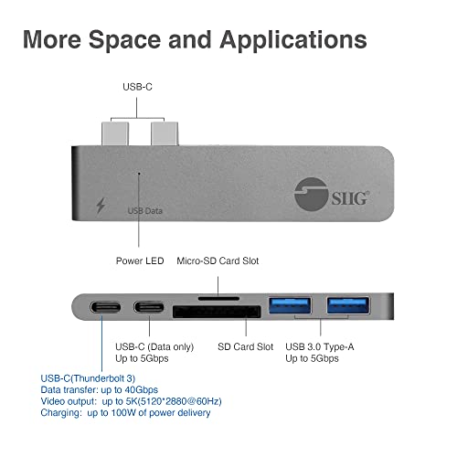 SIIG Thunderbolt 3 USB Type C Hub Adapter for 13" or 15" MacBook Pro - 5k Video Resolution, 40Gbps Data Speed - USB C Data Port, 2 USB 3.1, SD/Micro SD Card Reader Slot - Space Gray - Image 3