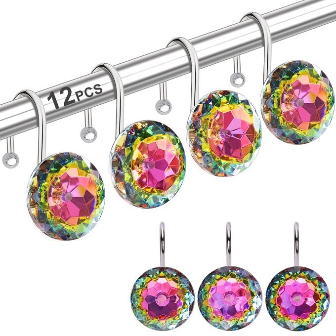 12PCS SHOWER CURTAIN HOOKS RINGS FOR BATHROOM STAINLESS STEEL RUST RESISTANT DECORATIVE RHINESTONES SHOWER CURTAIN RINGS HANGERS FOR SHOWER CURTAINS CLOTHING TOWELS ETC COLORFUL