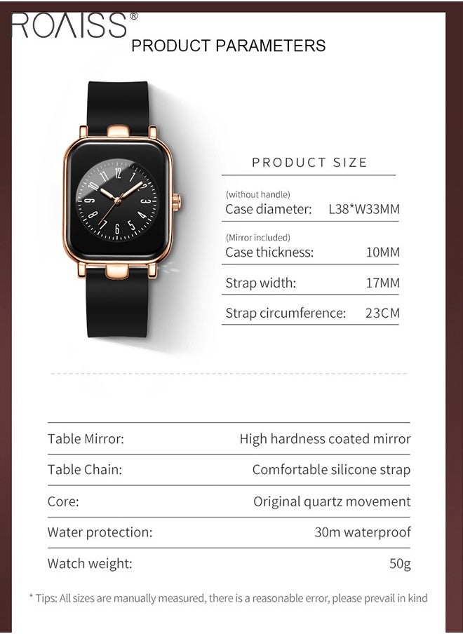 roaiss - Women's Silicone Strap Quartz Watch, Analog Display Rectangle Dial, Waterproof Luminous Fashionable Simple Wristwatch as Gift for Ladies - Image 1