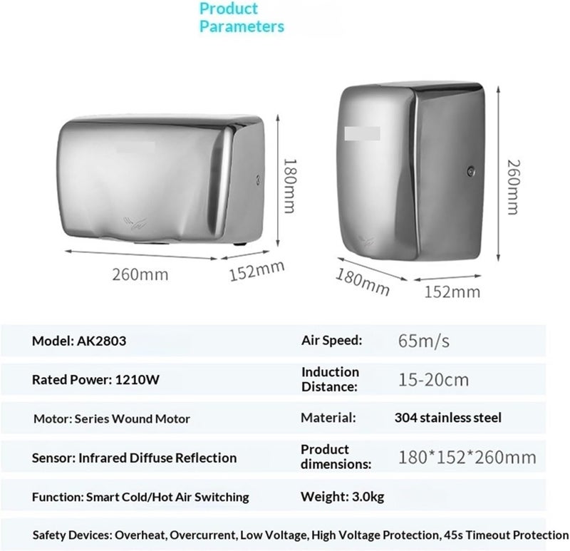 Hand Dryer, Hand Dryer High Speed ​​Commercial Automatic - Stainless Steel Hot Air Blower for Kitchen Bedroom Hotel(Option A) - Image 2