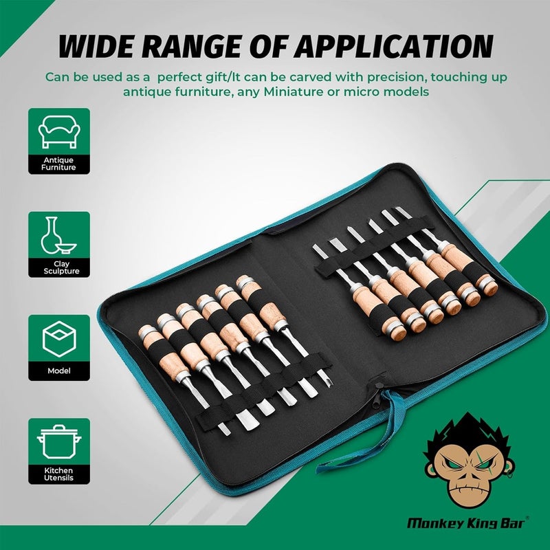 Monkey King Bar -12pcs Wood Carving Chisel Set- Sharp Woodworking Tools with Case Storage - Image 3
