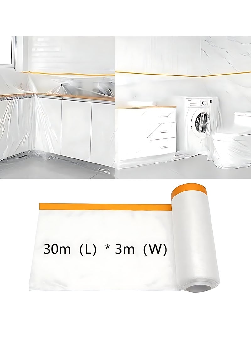 ALMiHomi Plastic Furniture Dust Cover Roll 3000 × 300 cm (1181 × 118 in) Pre-Taped High-Density Waterproof Dustproof Adhesive Film, Multi-Functional Sofa & Table Protector for Home, Renovation, Moving, Storage & Party Use Extra Large - Image 1