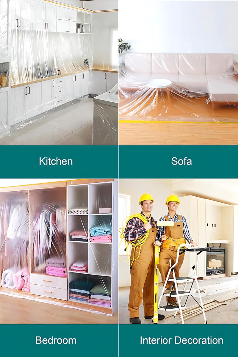 ALMiHomi Plastic Furniture Dust Cover Roll 3000 × 300 cm (1181 × 118 in) Pre-Taped High-Density Waterproof Dustproof Adhesive Film, Multi-Functional Sofa & Table Protector for Home, Renovation, Moving, Storage & Party Use Extra Large - Image 2