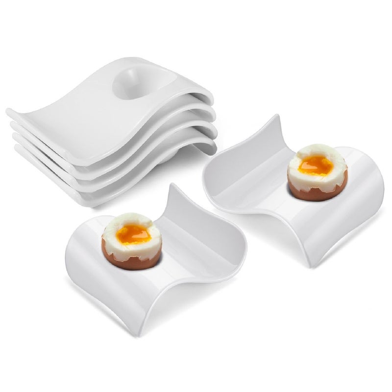 Flexzion Ceramic Egg Holder Cup  6Piece Hard Boiled Egg Holder  Soft Boiled Egg Holder Set White Coddled Egg Cup Stable  Stackable Modern Wave Style Egg Serving Dish with Base