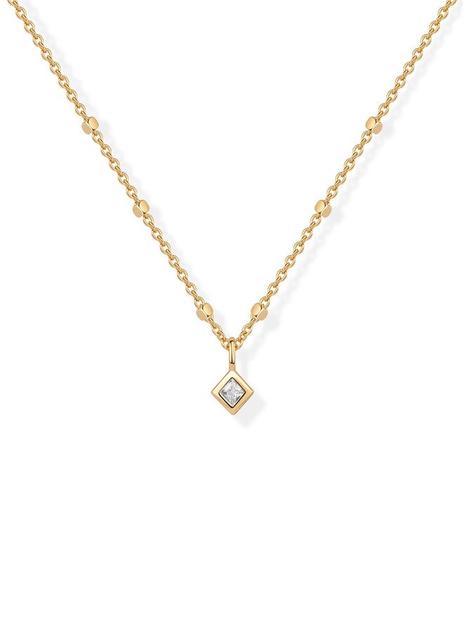 PAVOI 14K Yellow Gold Plated Princess Cut Cubic Zirconia Pendant Necklace for Women | Dainty Square Beaded Cable Chain Necklace - Image 1