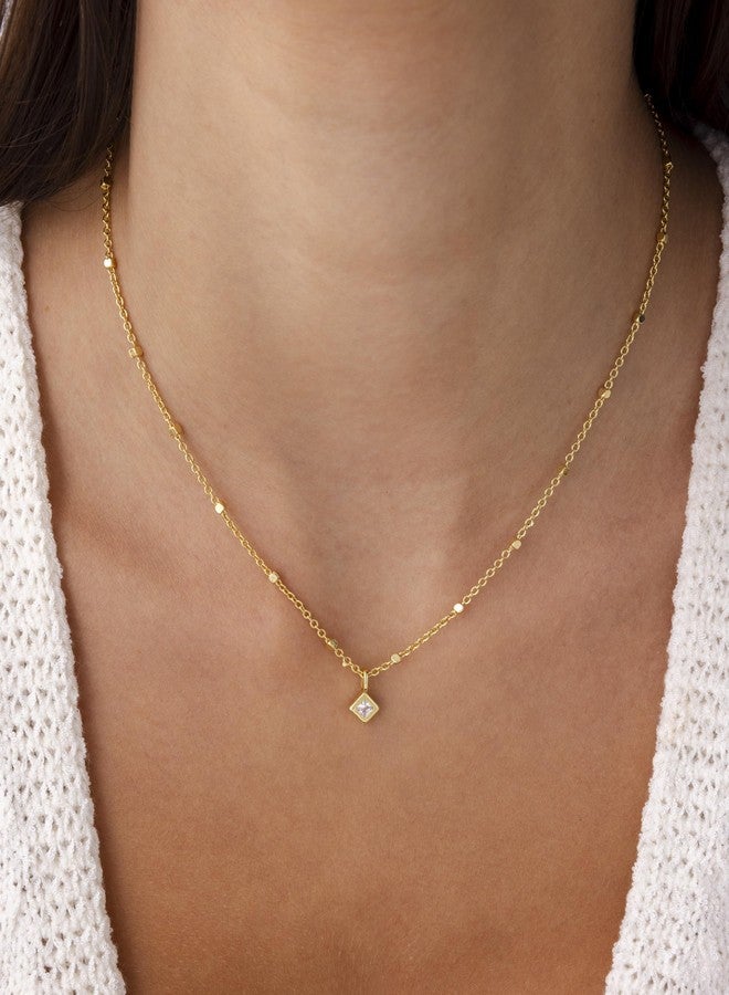 PAVOI 14K Yellow Gold Plated Princess Cut Cubic Zirconia Pendant Necklace for Women | Dainty Square Beaded Cable Chain Necklace - Image 2