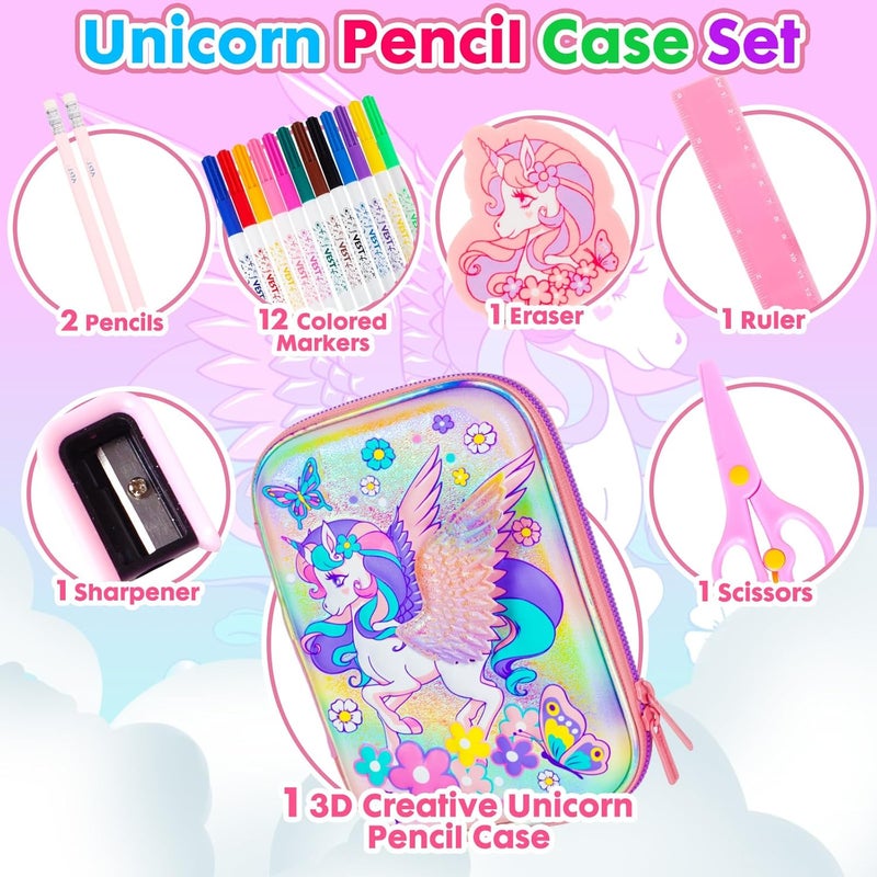 PowerKing Unicorn Pencil Case Stationery Set for Kids, 3D EVA Big Capacity Cute Pencil Pen Case Bag with Zipper Office School Storage Bag Pouch Holder Box Organizer - Image 3