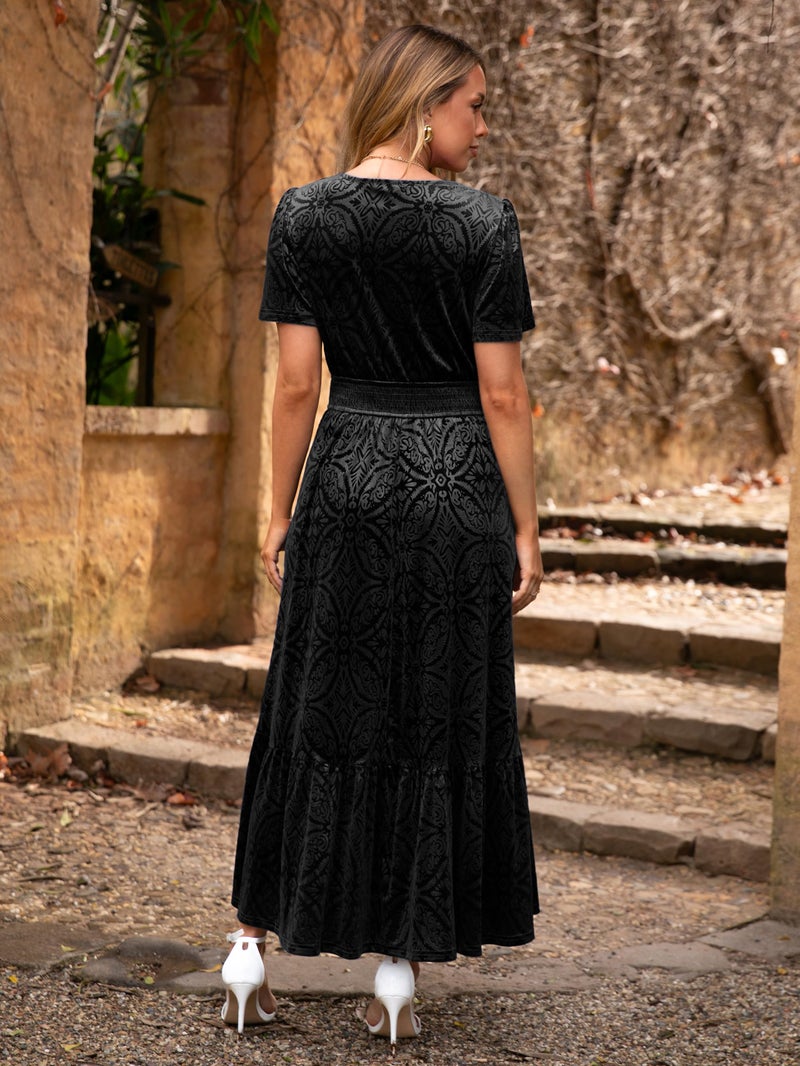 Simplee Womens Fall Velvet Dress - Short Sleeve V Neck Floral Maxi Dress Long Formal Winter Wedding Guest Dresses Black M - Image 4