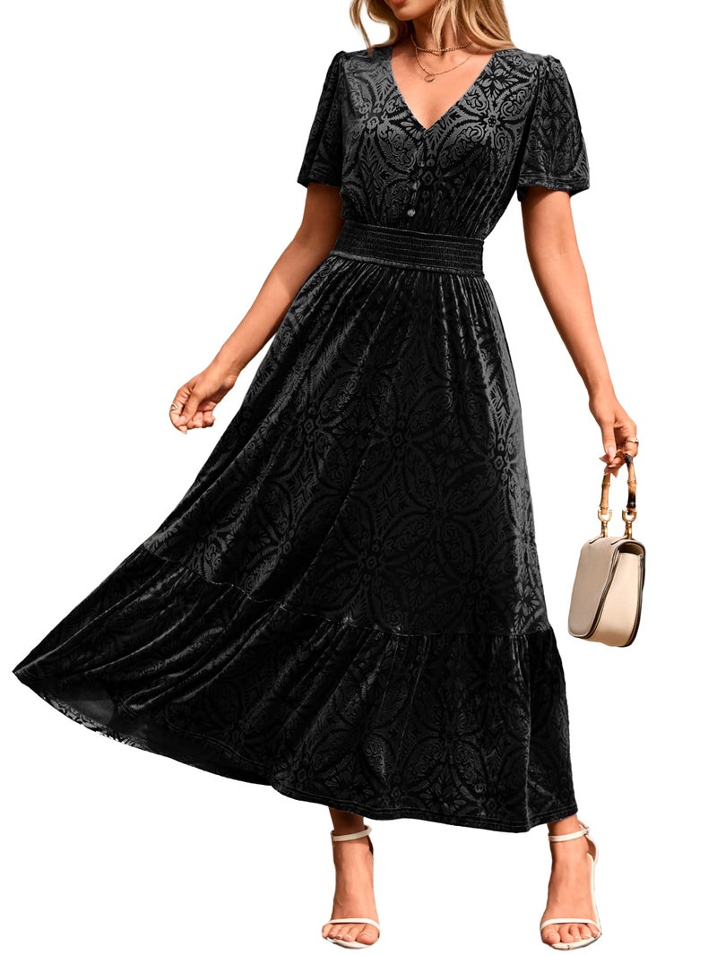 Simplee Womens Fall Velvet Dress - Short Sleeve V Neck Floral Maxi Dress Long Formal Winter Wedding Guest Dresses Black M - Image 1