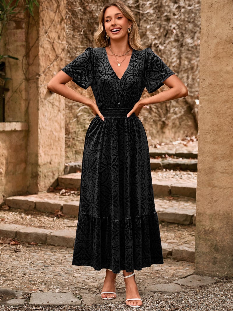 Simplee Womens Fall Velvet Dress - Short Sleeve V Neck Floral Maxi Dress Long Formal Winter Wedding Guest Dresses Black M - Image 2