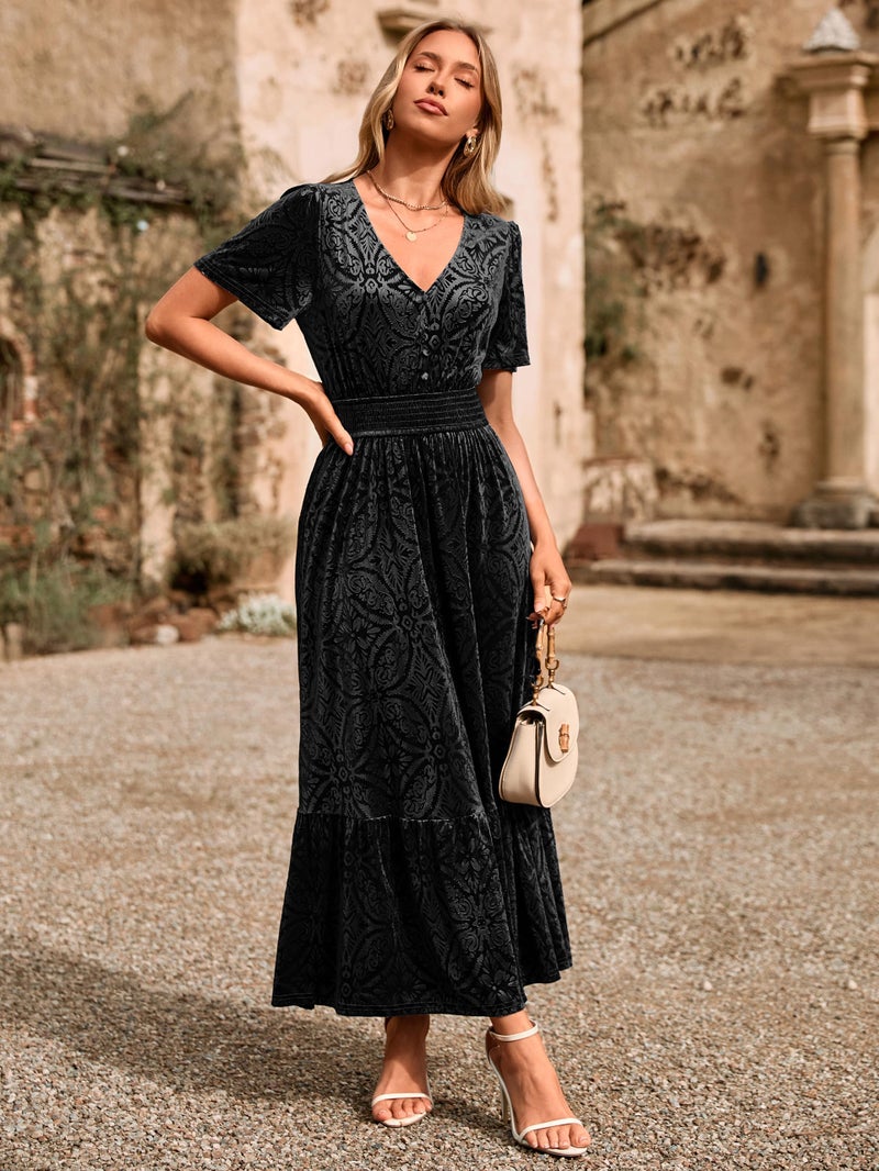 Simplee Womens Fall Velvet Dress - Short Sleeve V Neck Floral Maxi Dress Long Formal Winter Wedding Guest Dresses Black M - Image 5