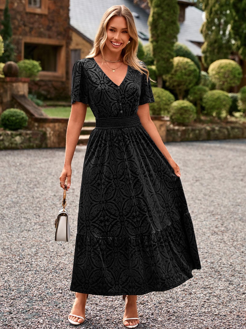 Simplee Womens Fall Velvet Dress - Short Sleeve V Neck Floral Maxi Dress Long Formal Winter Wedding Guest Dresses Black M - Image 3