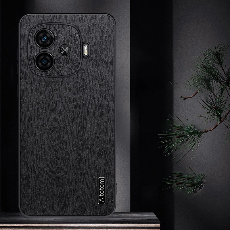 HuHa Case Cover For vivo iQOO Z9 Turbo Tree Bark Leather Shockproof Phone Case(Black) - Image 2