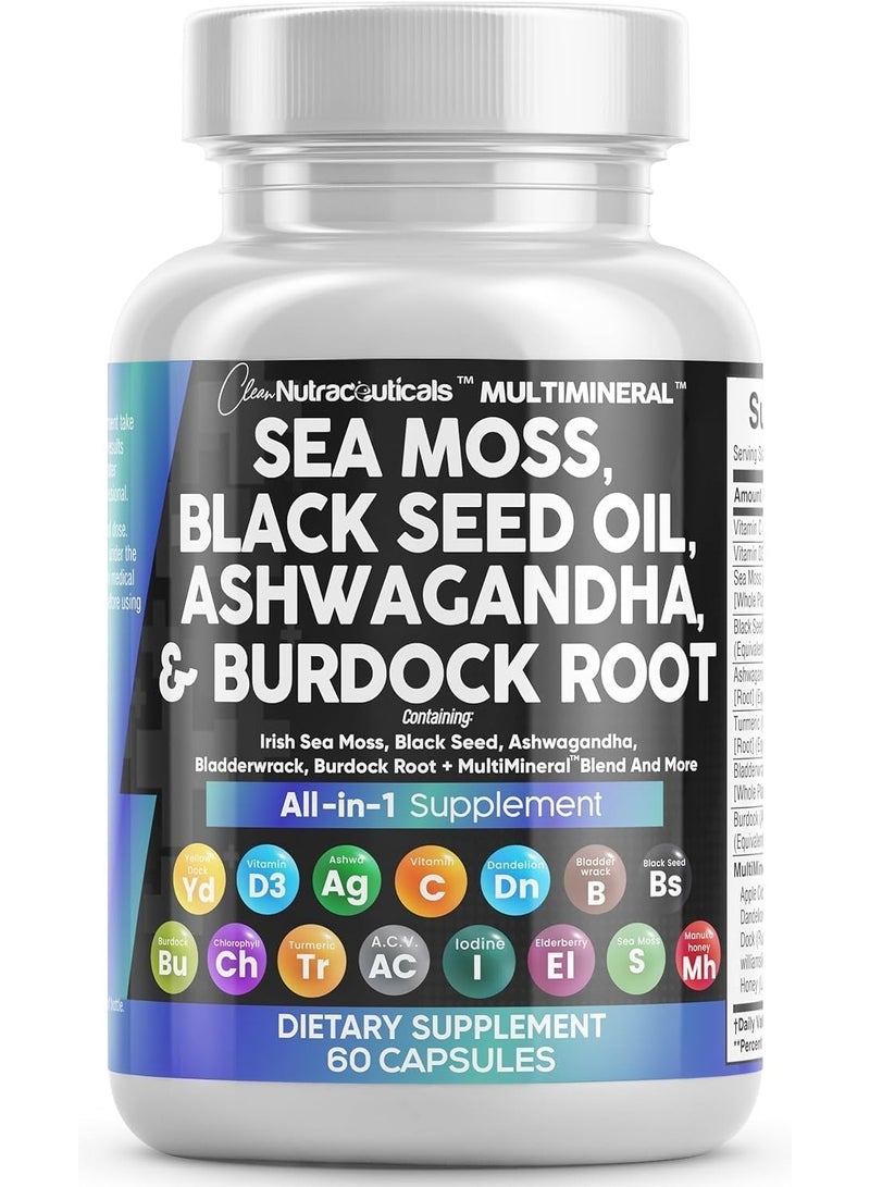 Clean Nutraceuticals Sea Moss Black Seed Oil Ashwagandha Turmeric Bladderwrack Burdock & Vitamin C Vitamin D3 with Elderberry Manuka Dandelion Yellow Dock Iodine Chlorophyll ACV - Image 1