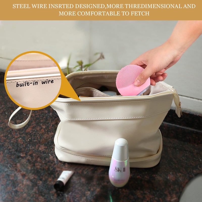Abiudeng Waterproof Double Layer Makeup Bag for Women, Large Capacity Faux Leather Travel Cosmetic Bag with Compartments & Brush Holder, Portable Makeup Organizer for Traveling Gift for women - Image 3