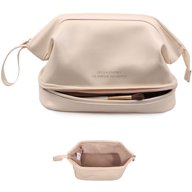 Abiudeng Waterproof Double Layer Makeup Bag for Women, Large Capacity Faux Leather Travel Cosmetic Bag with Compartments & Brush Holder, Portable Makeup Organizer for Traveling Gift for women - Image 1
