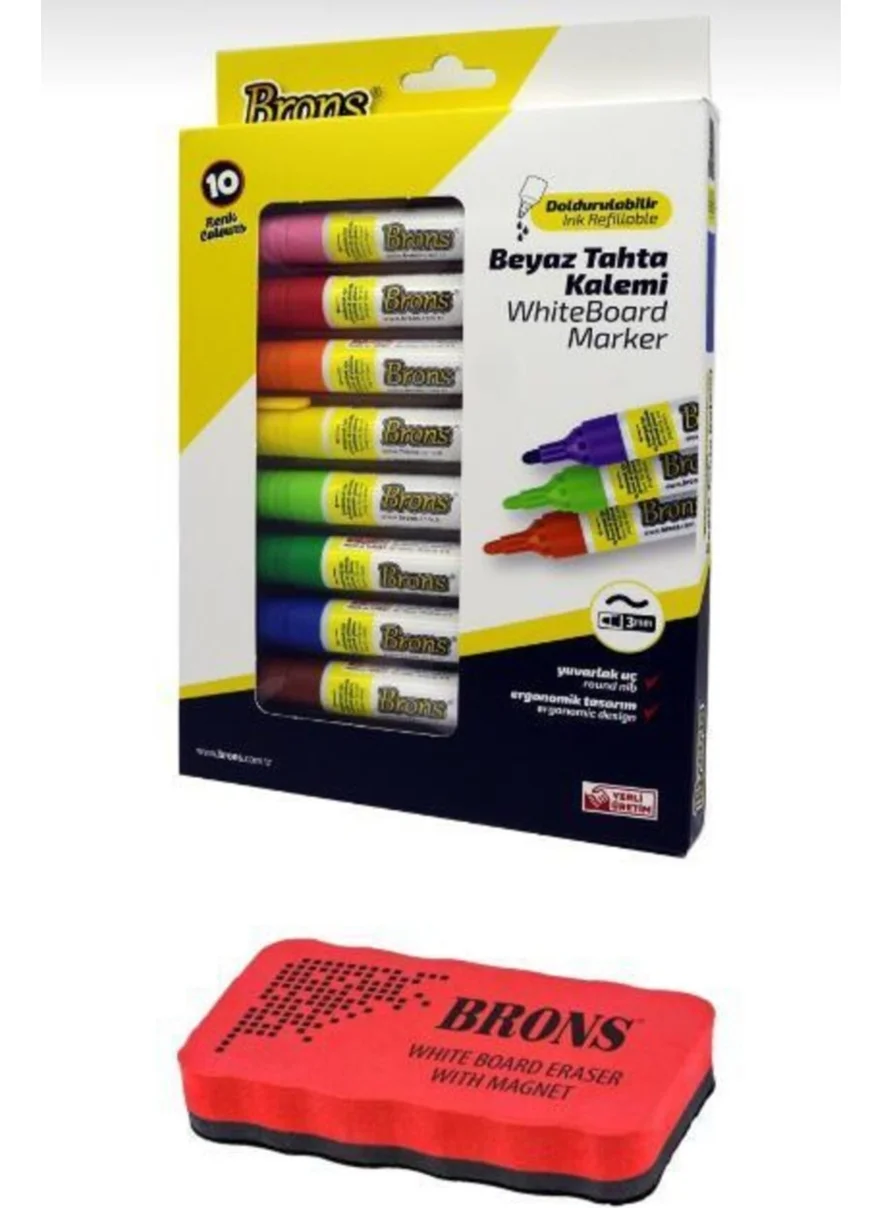 Brons Whiteboard Marker Refillable Whiteboard Marker Set 10 Colors + Magnetic Board Eraser