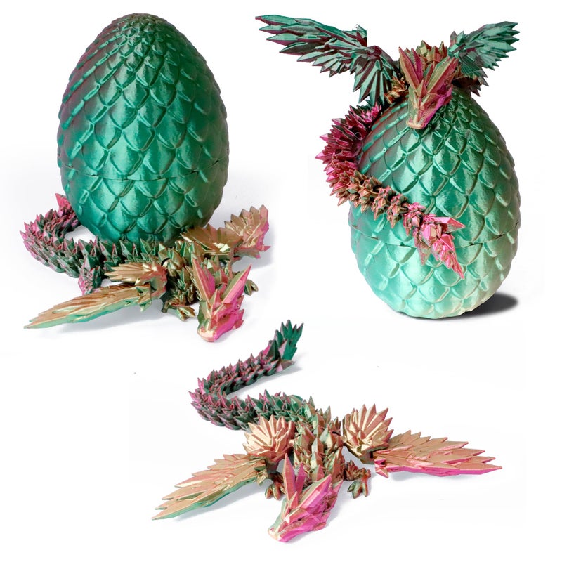 Flavery 3D Printed Dragon in Egg Easter Basket Stuffers Dino Egg with 9 Winged Dragon Inside Cool Fidget Toy Birthday Gift Flexible Desk Pet FigureGreen Fuchsia Gold - Image 3