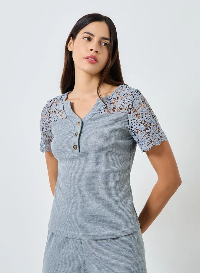 Styli Styli Crochet Lace Sleeve Rib Placket T-Shirt and Pyjama Set