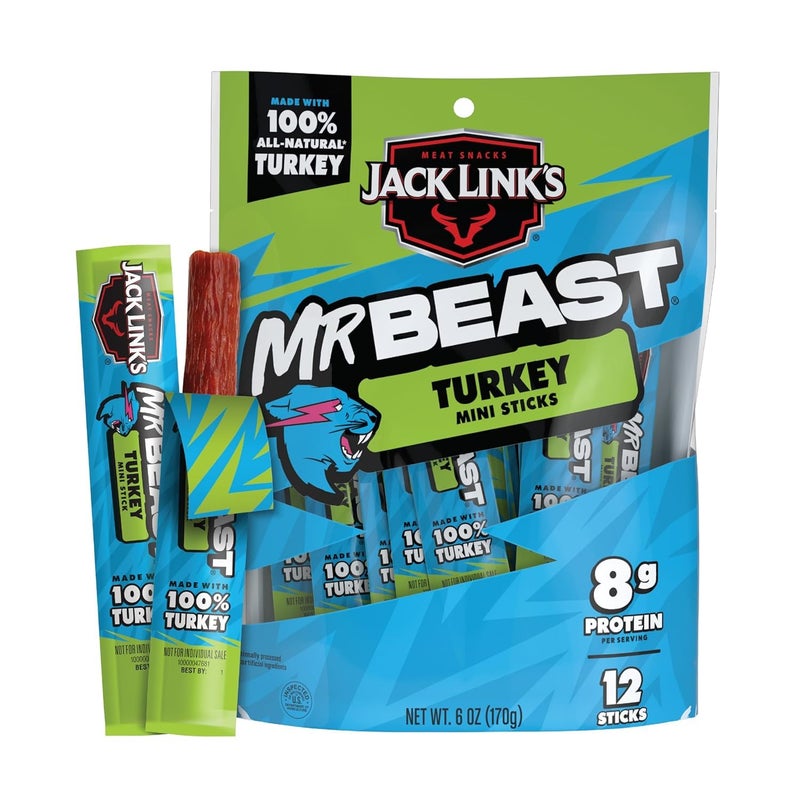 Jack Link's Jack Links x MrBeast Mini Turkey Jerky Sticks  Individually Wrapped Protein Snacks  8g Protein per Serving  Made with 100 All Natural Turkey  12 Pack 05 oz Meat Sticks - Image 3