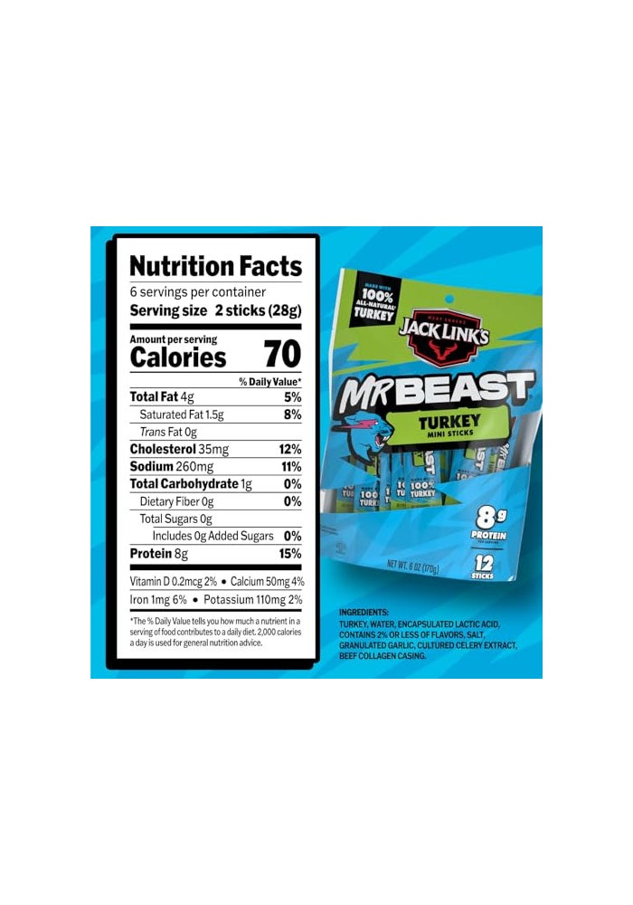Jack Link's Jack Links x MrBeast Mini Turkey Jerky Sticks  Individually Wrapped Protein Snacks  8g Protein per Serving  Made with 100 All Natural Turkey  12 Pack 05 oz Meat Sticks - Image 5